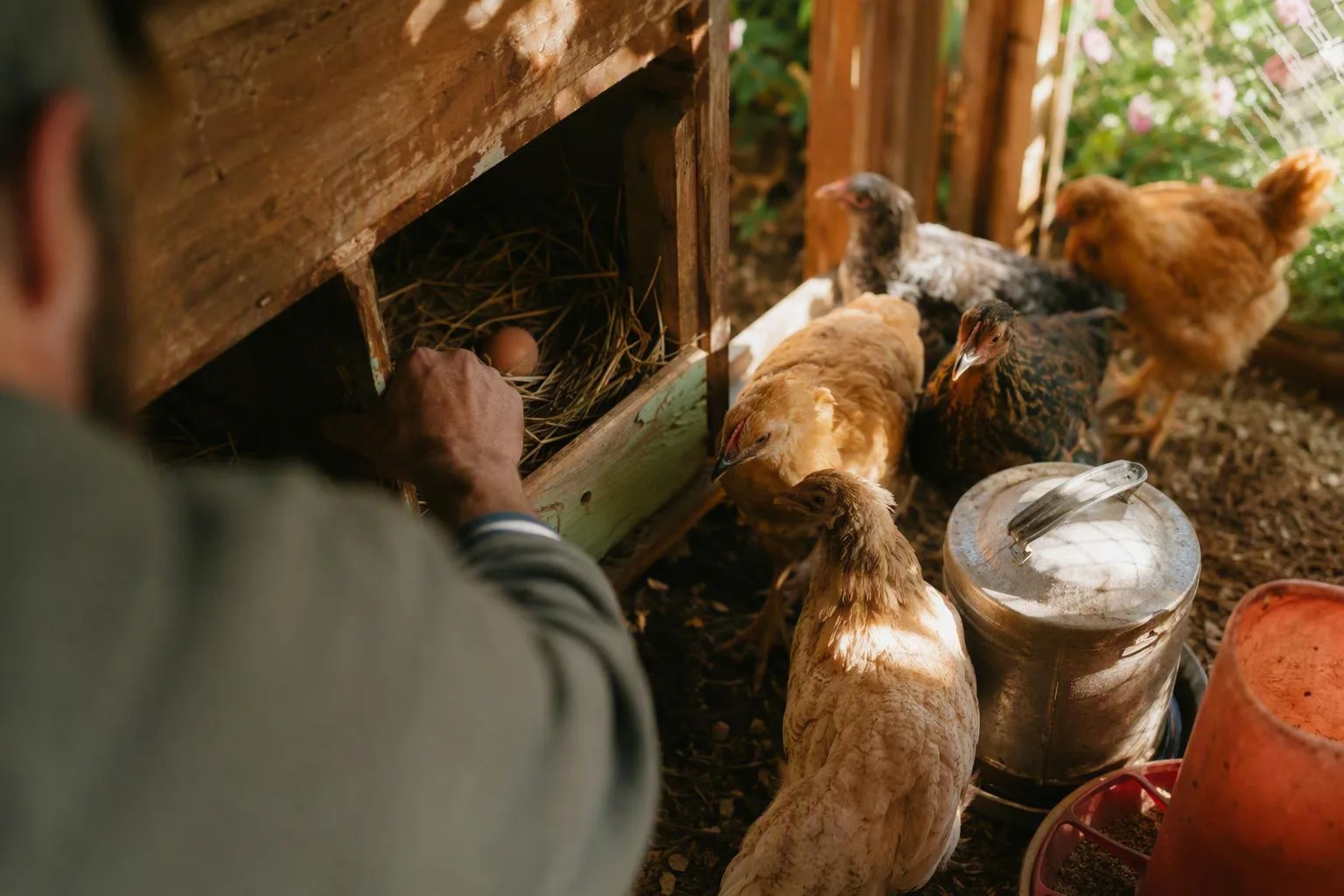 A keeper checks fresh bedding while young pullets gather beside a clean nesting box.