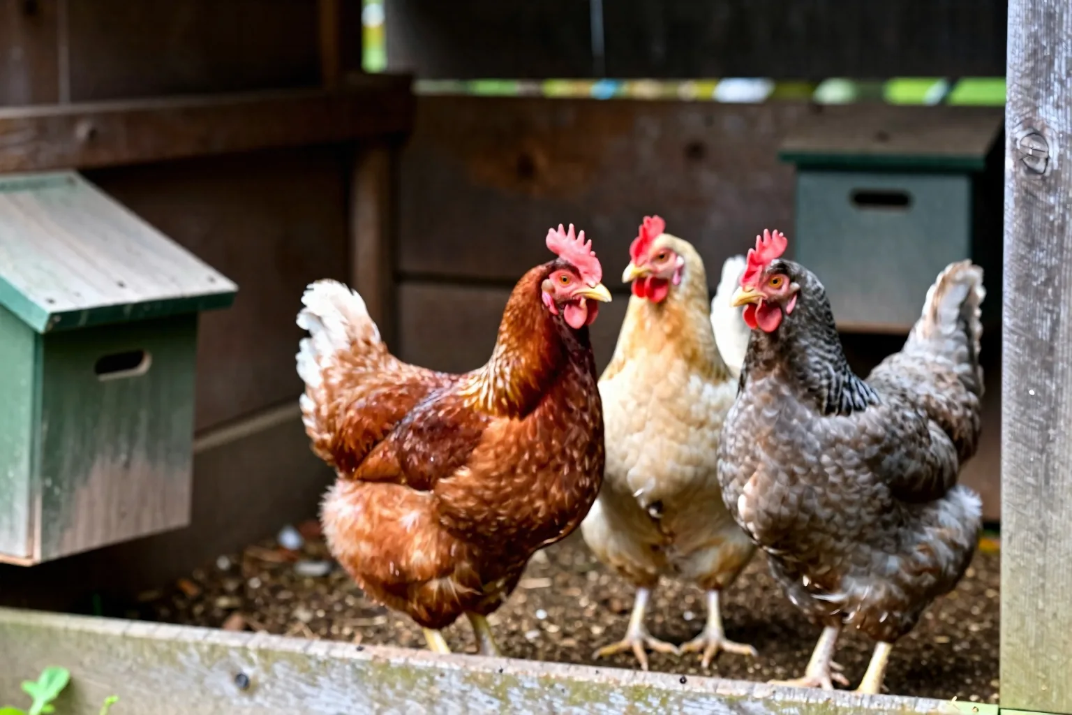 Three differently colored hens stand together in a compact, tidy backyard run beside nesting boxes.