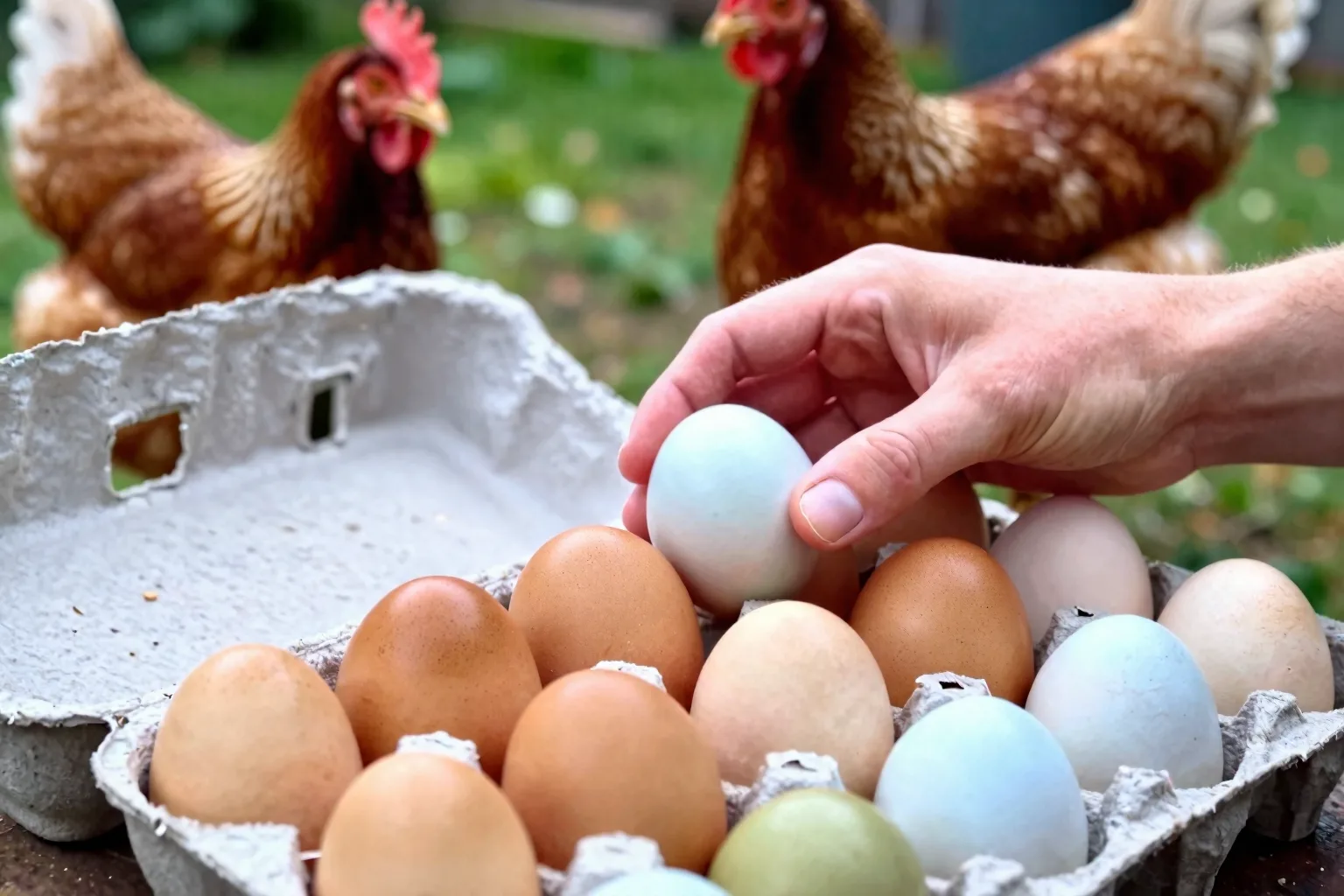A hand gathers cream, brown, olive, and blue eggs from a nesting box beside a backyard hen.