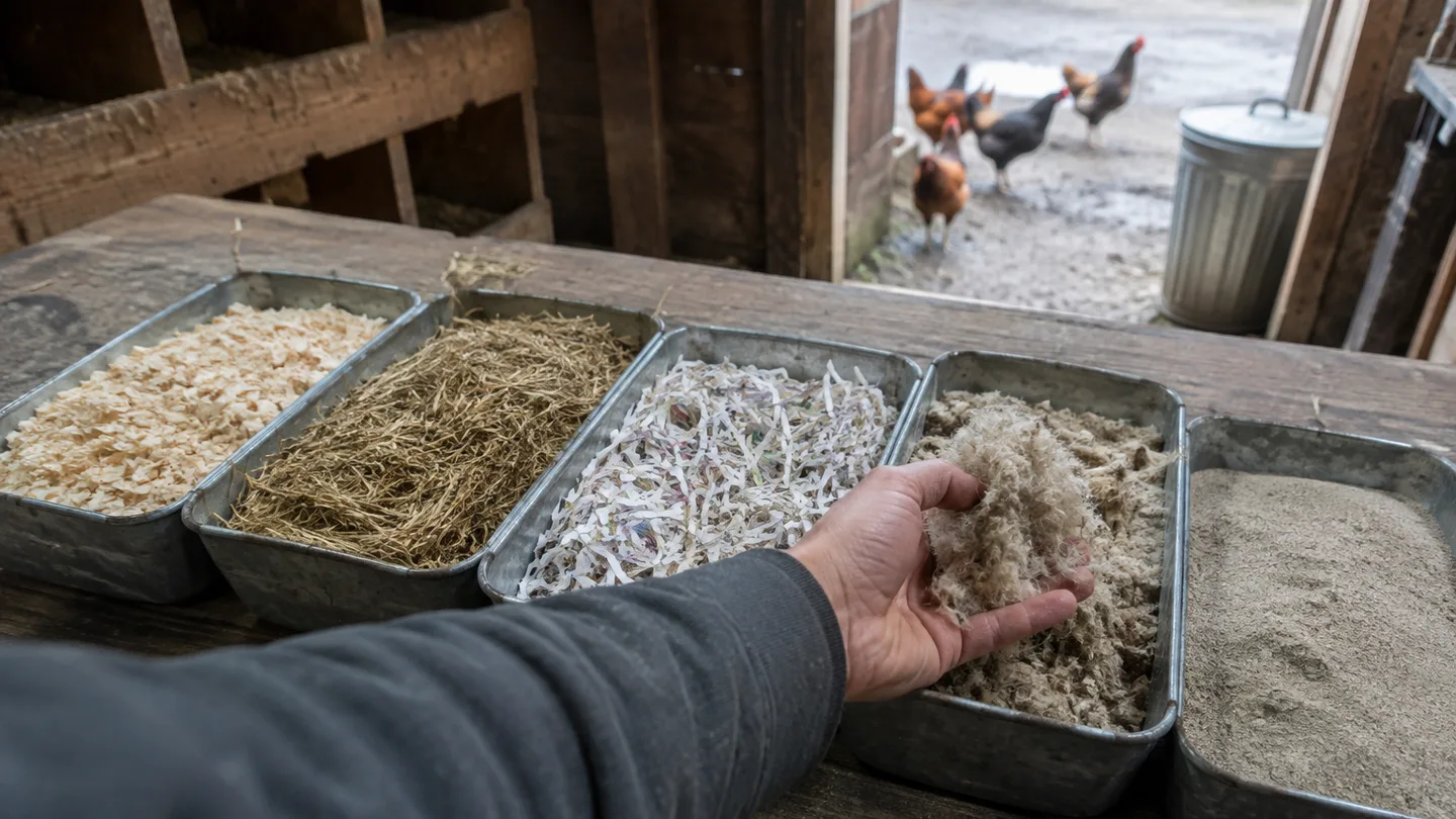 Five separated coop bedding materials sit in trays while a keeper compares one by hand before buying.