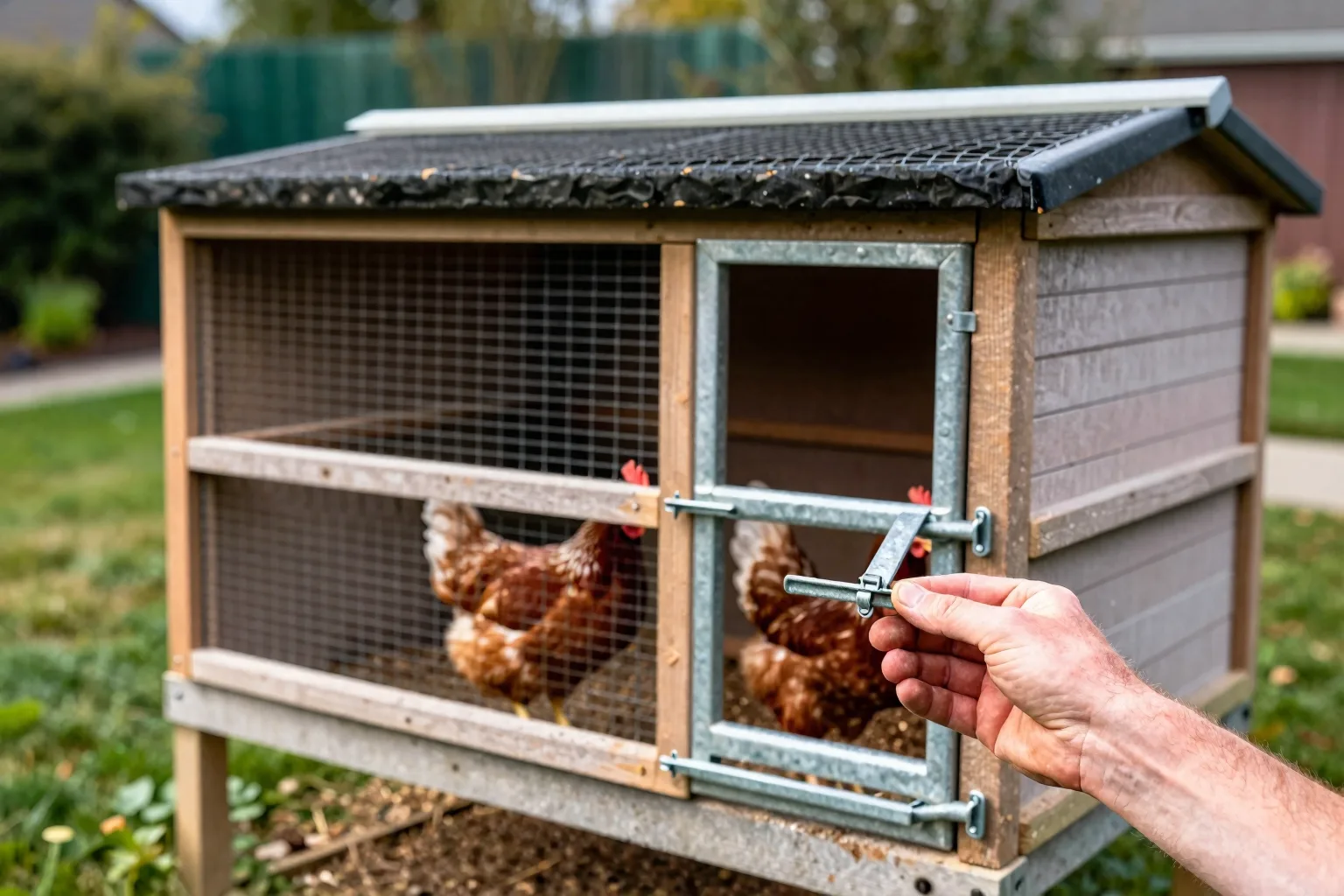 A backyard coop and fully enclosed run show how latches and wire mesh protect a flock.