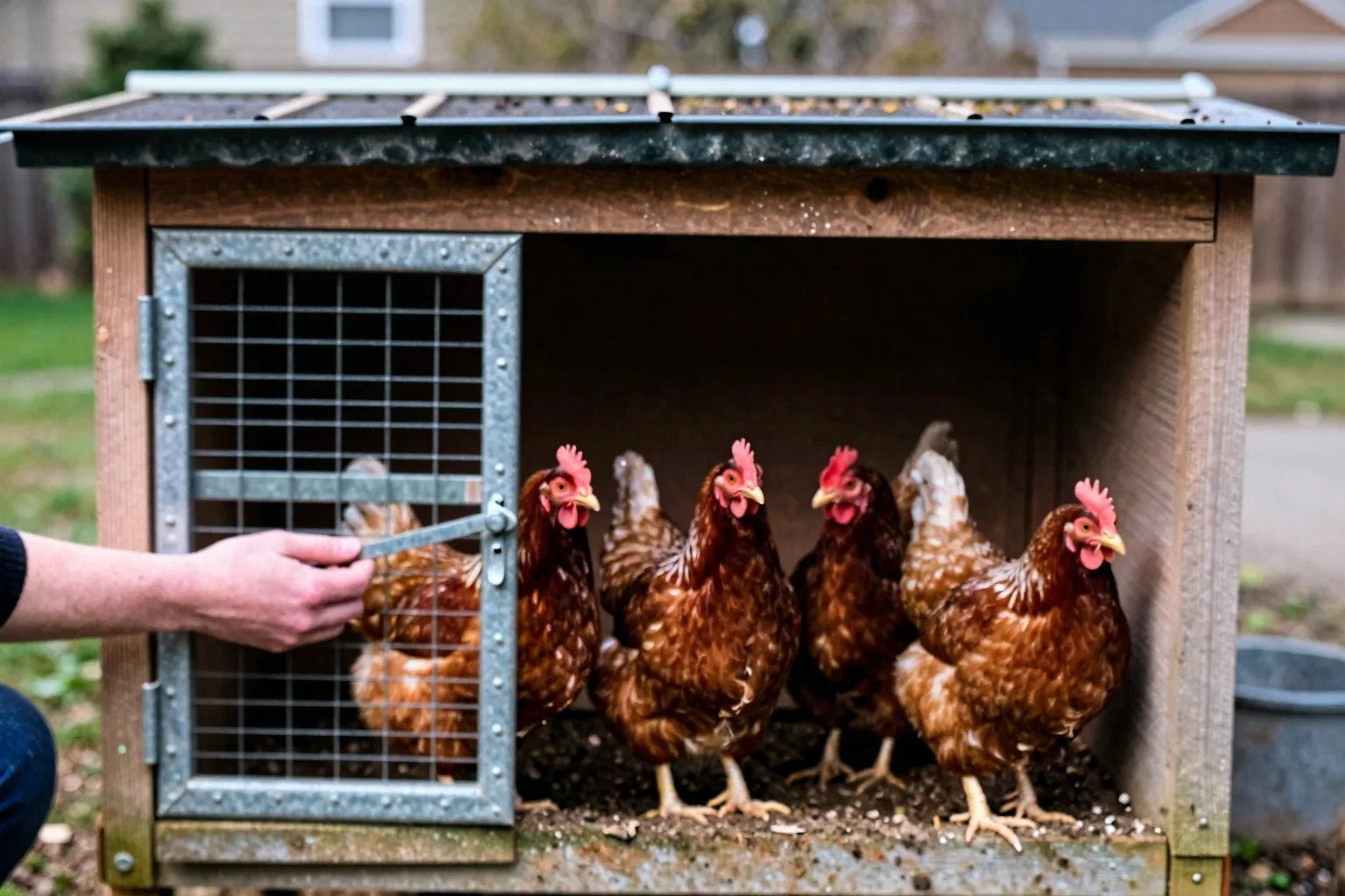 Three hens stand in a compact coop’s narrow run, showing the space available for a small flock.