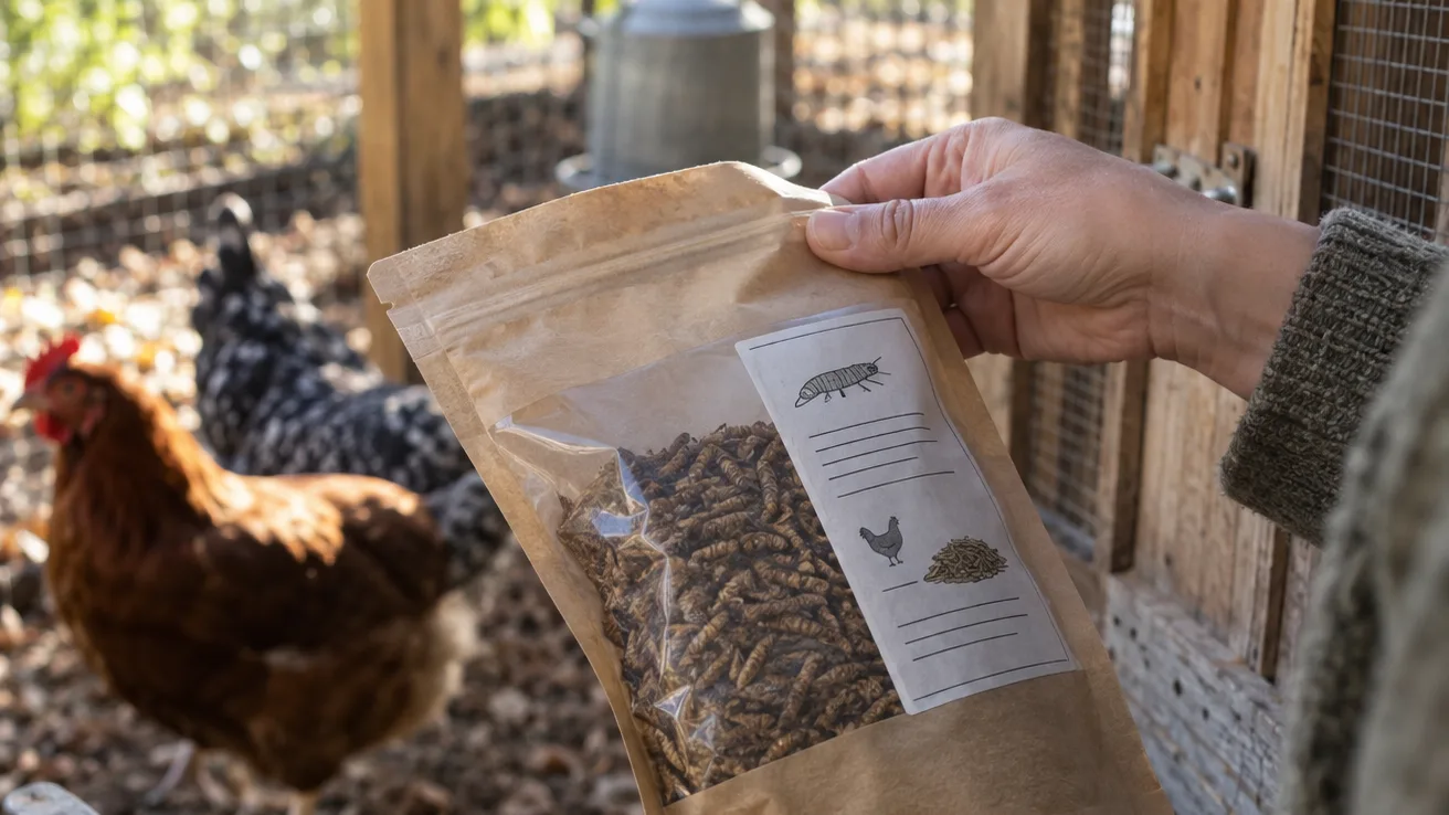 A hand checks the feed label and dry larvae before measuring a portion for chickens.