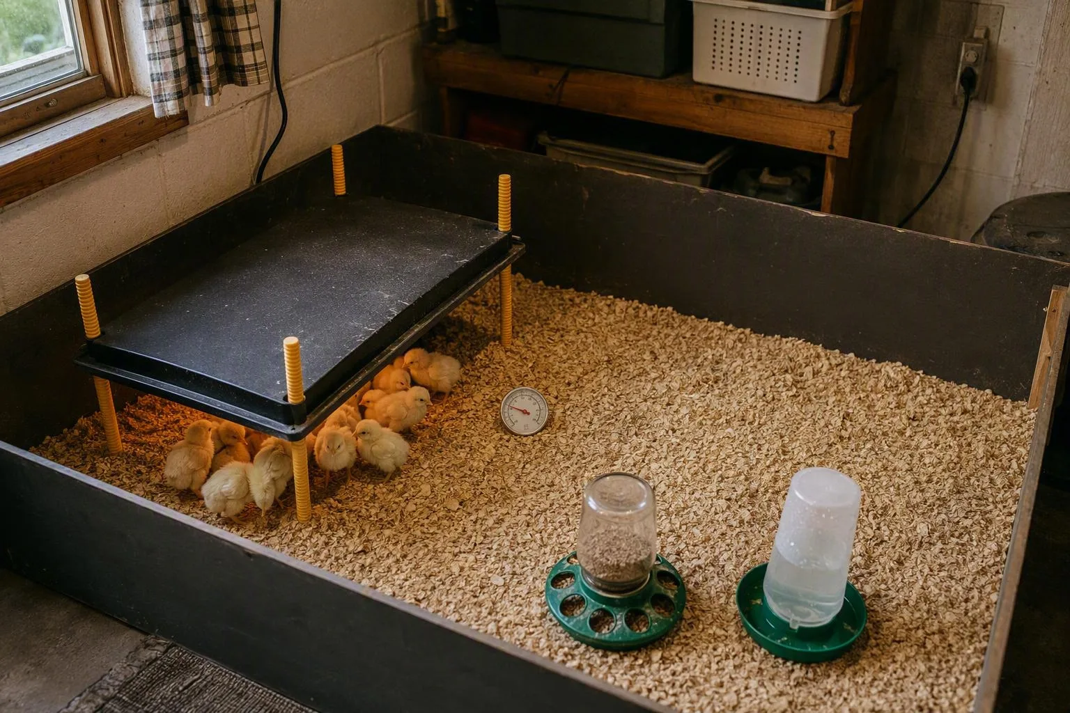 Chicks gather beneath a heat plate while a thermometer and open bedding show the warm zone and cooler retreat.