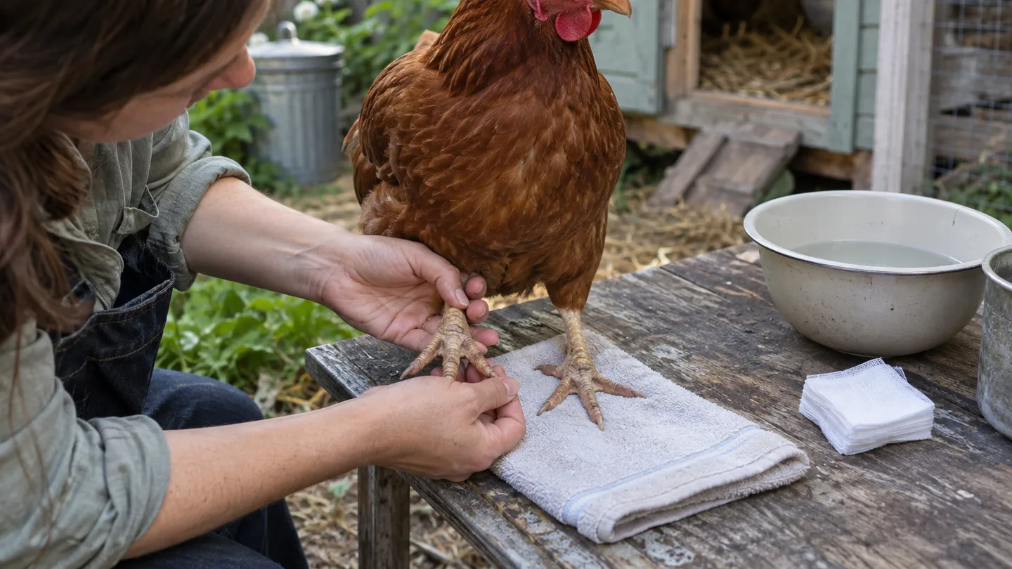 A caretaker checks both feet of a calm hen for a small dark scab before home care begins.