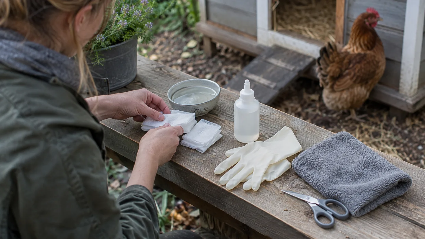 Clean supplies are arranged beside a chicken coop before a sore foot is treated.
