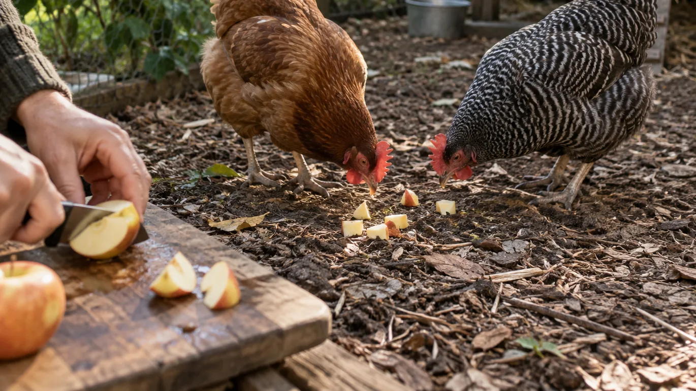 Two hens peck at a few apple pieces beside a hand cutting another piece on a worn board in their run.