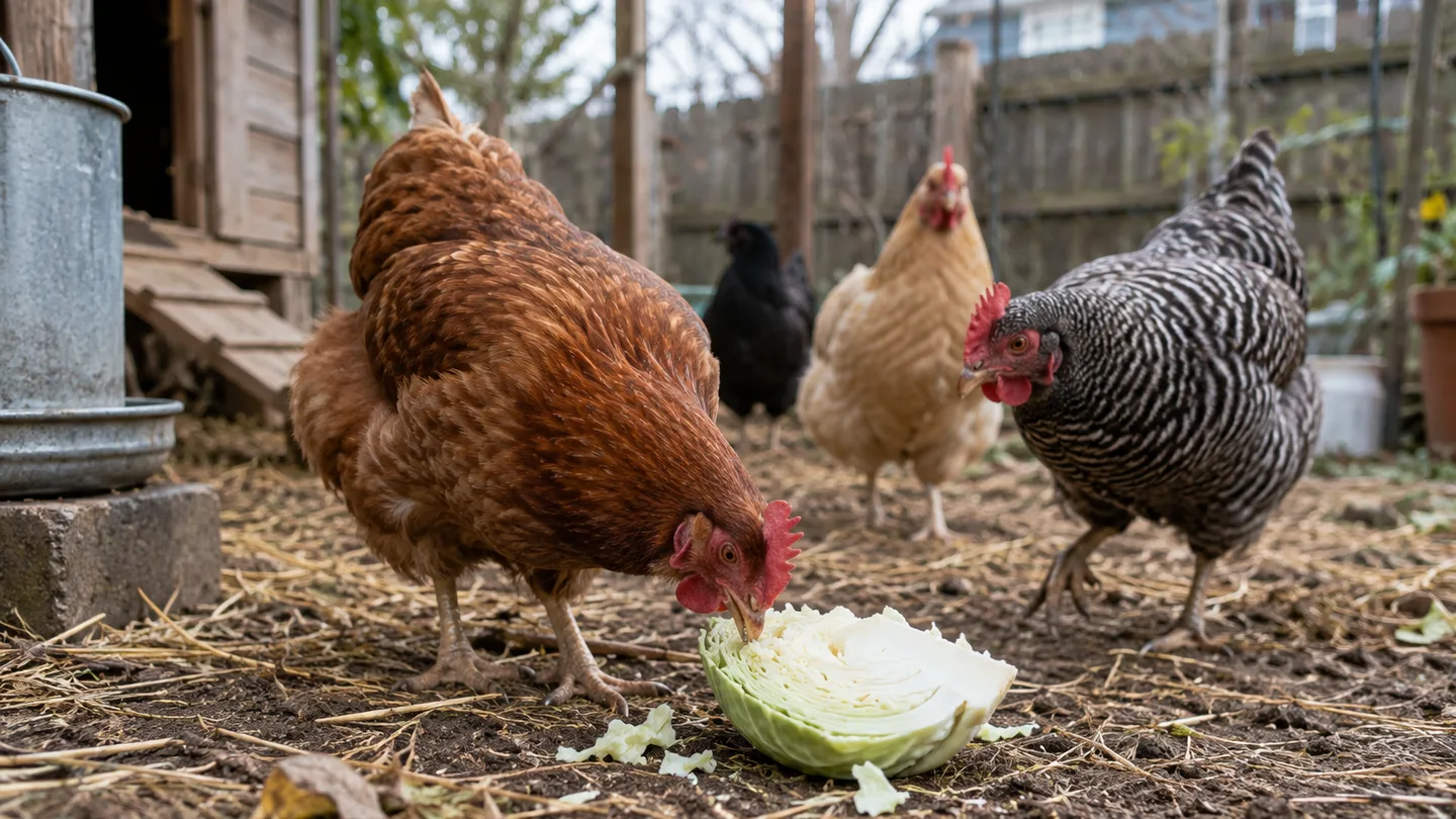 A hen pecks at a cabbage wedge as other hens investigate it in a straw-covered backyard run.