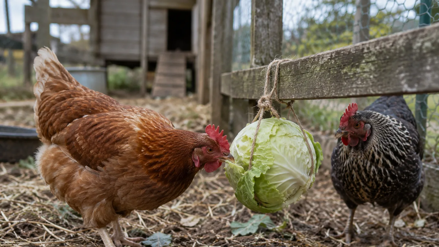A hen pecks at a whole cabbage tied low to a wooden rail in the chicken run.