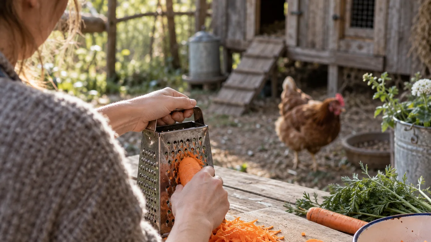 A hand grates a firm carrot beside thin slices on a worn board before feeding the flock.