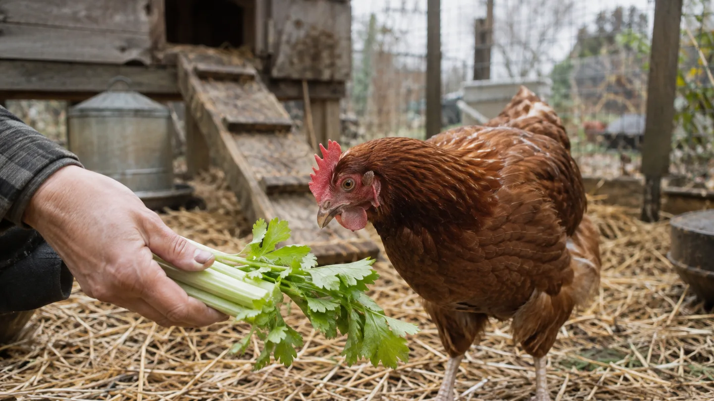 A backyard hen investigates fresh celery held by a keeper in the chicken run.