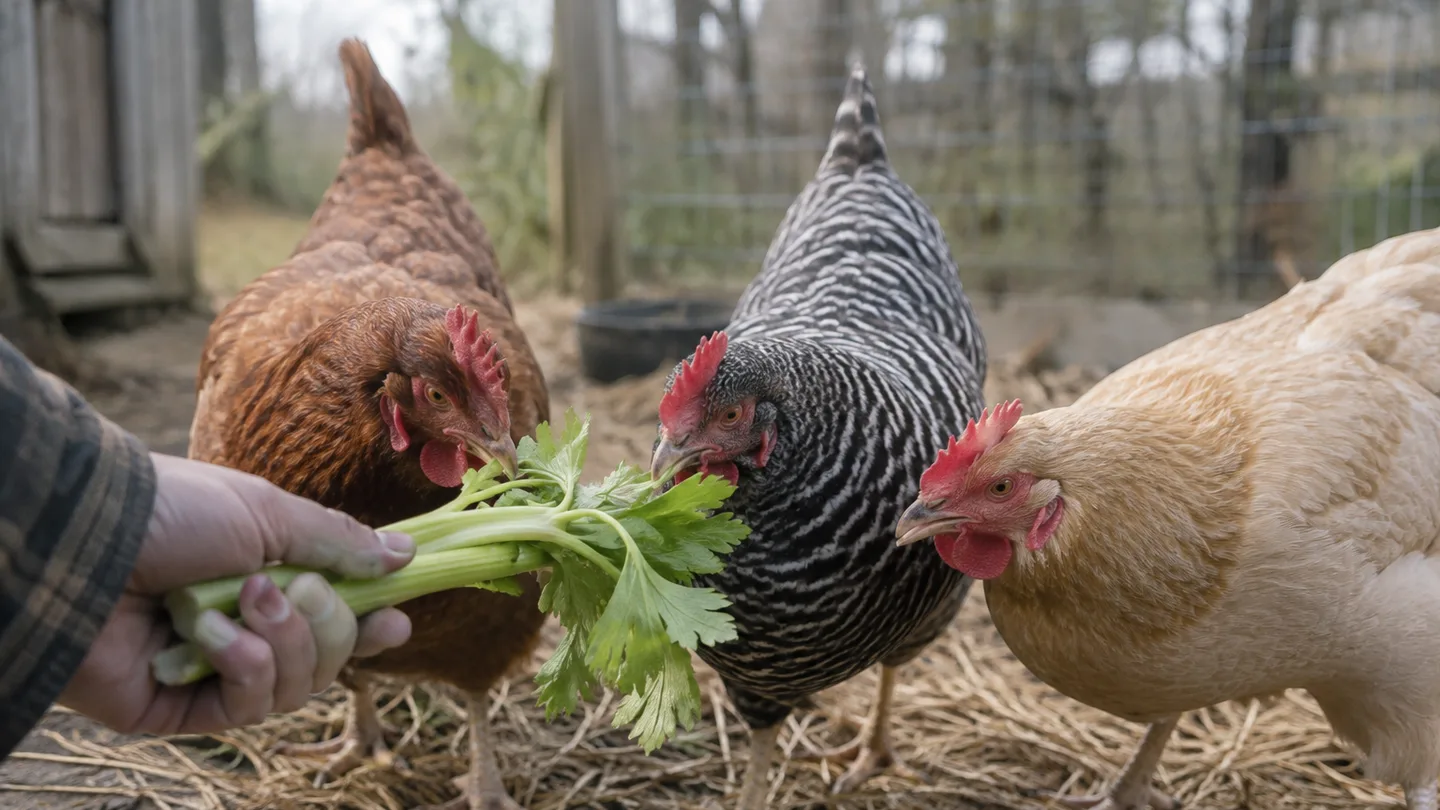 Three hens share a small serving of celery from a keeper’s hand in a backyard run.
