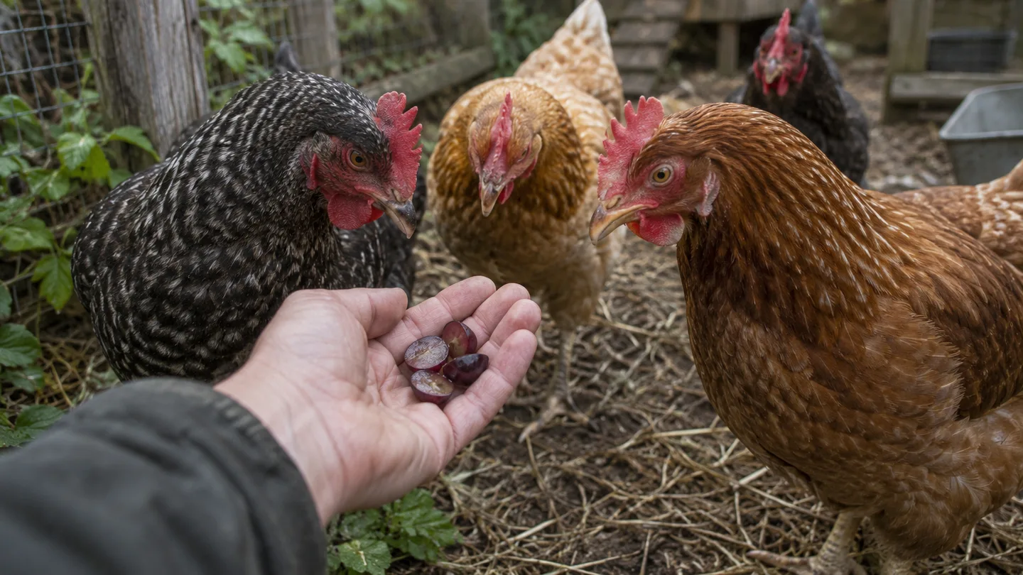 A keeper offers a few halved grapes to hens in a backyard run.