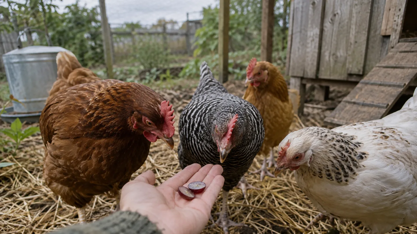 Several hens gather around two grape halves offered in a keeper’s hand.