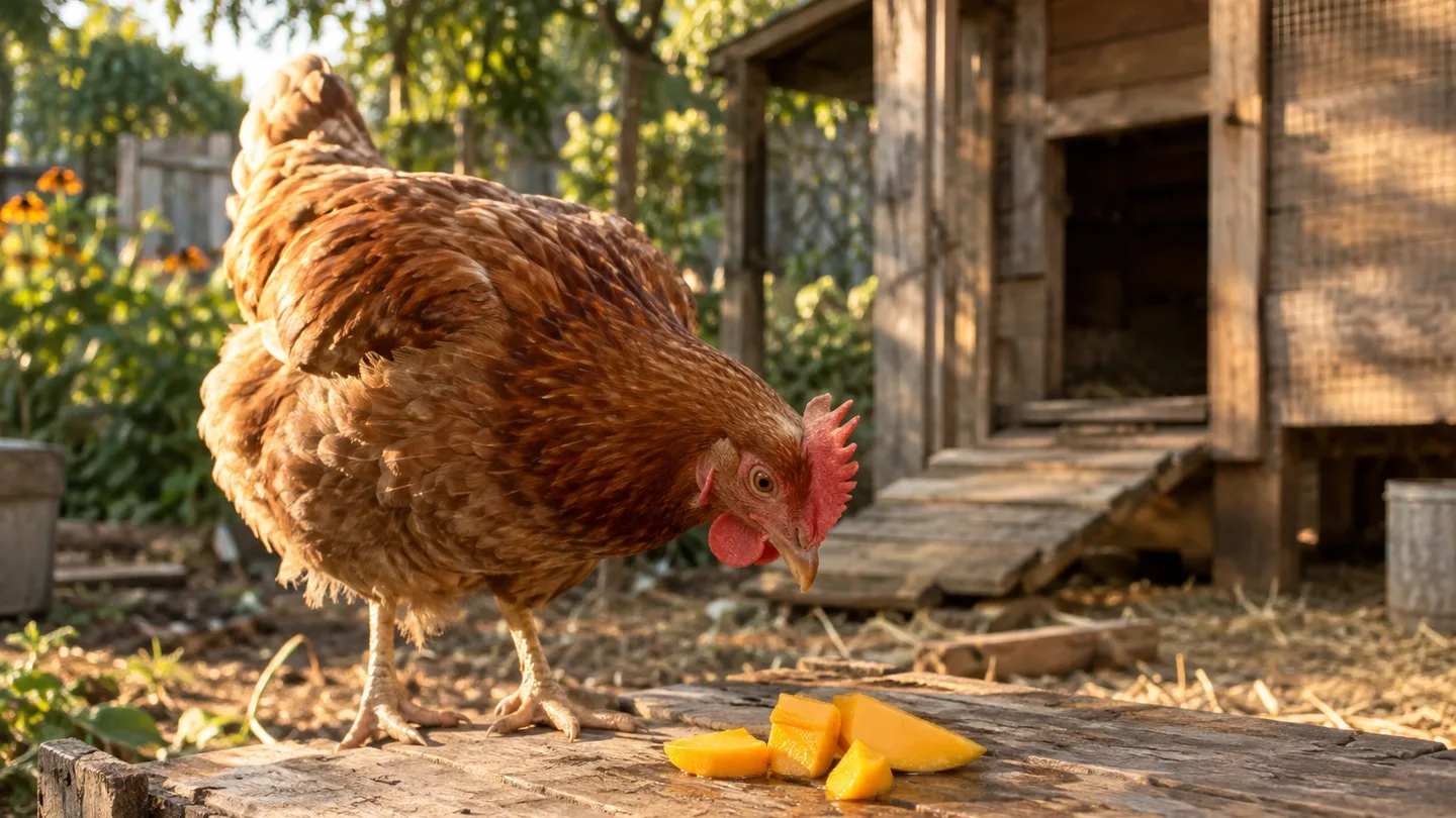 A backyard hen pecks beside a small serving of ripe mango with the pit removed.