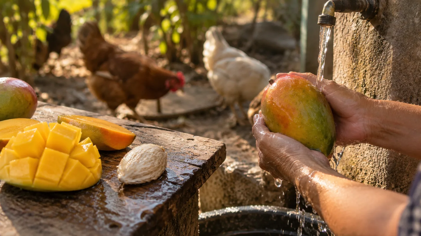 A hand rinses a whole mango beside cut pieces and the hard pit, with hens waiting nearby.