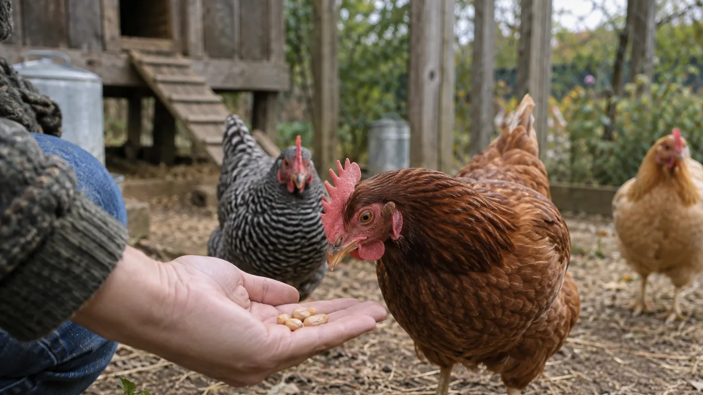 A backyard hen leans toward a few plain peanuts offered by hand in its run.
