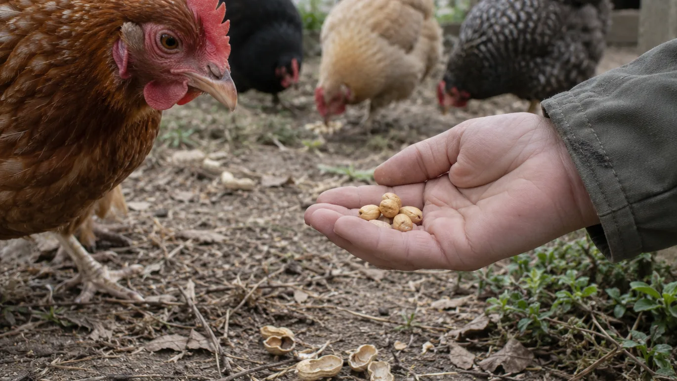 A hand offers peanut kernels to a chicken while empty shells lie separately on the ground.