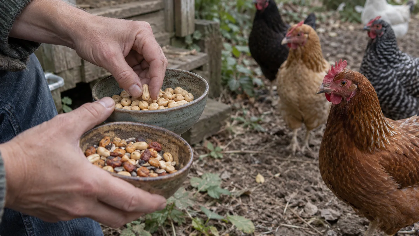 A keeper chooses plain peanuts over seasoned snacks before offering a treat to the waiting chickens.