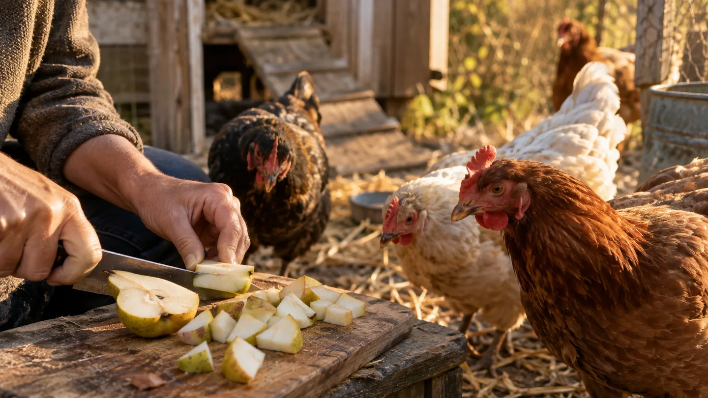 Curious hens gather beside small pieces of pear prepared on a cutting board.