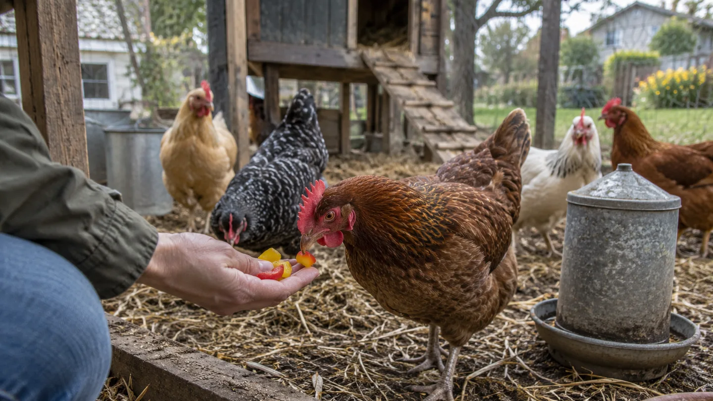 A hand offers red and yellow pepper pieces to curious hens in a straw-strewn backyard run.