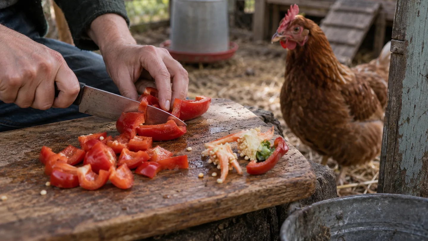 Hands cut a rinsed red pepper into small pieces while a hen watches nearby.