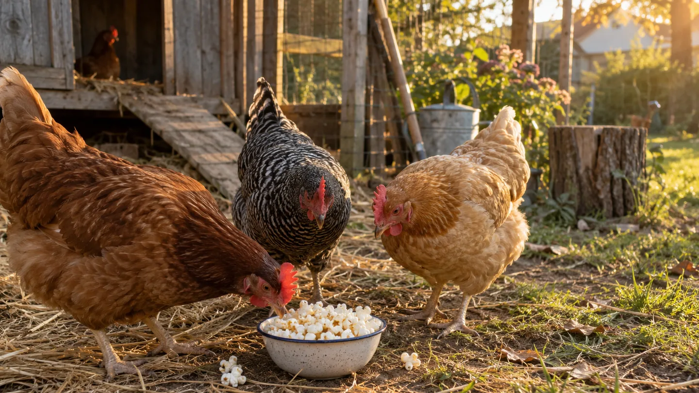 Several hens inspect a small bowl of plain popcorn beside their backyard run.