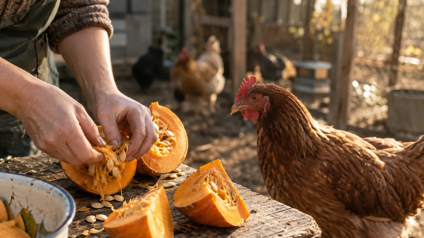Pumpkin chunks and seeds are ready on a backyard table as a hen investigates a small flock treat.