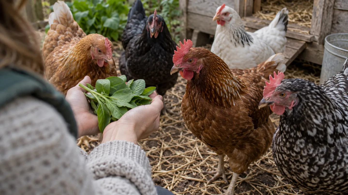 A keeper offers a small handful of spinach to curious hens beside their backyard coop.