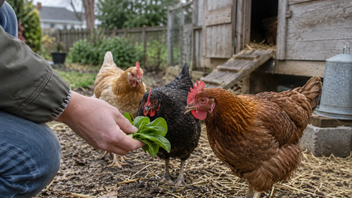 A keeper offers a small handful of spinach to a few hens beside their coop.