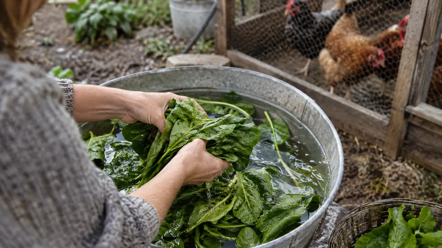 Hands rinse fresh spinach leaves in a basin before offering them to the hens.