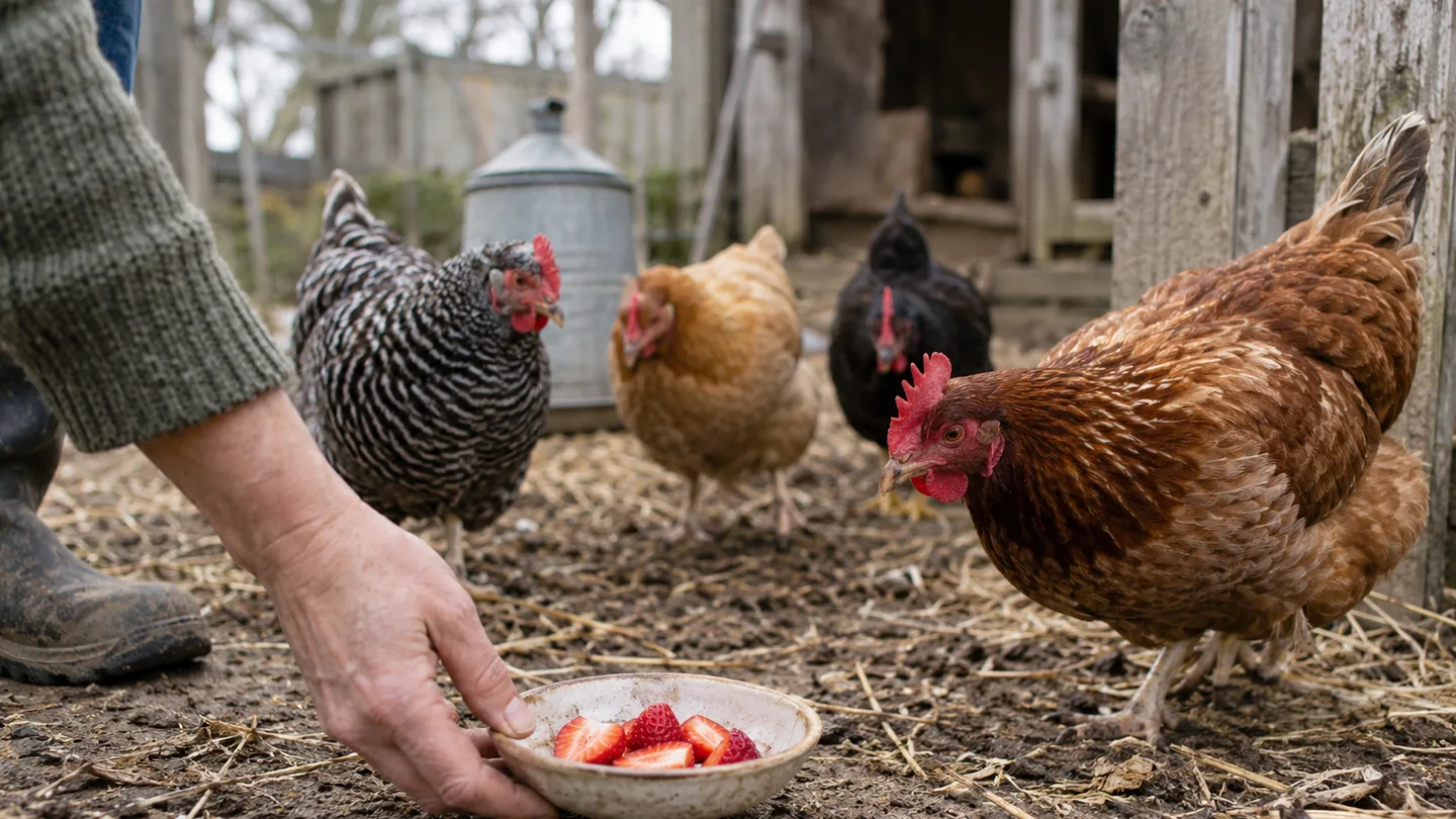 Four hens gather beside a small dish of cut strawberries, showing a modest treat for a small flock.