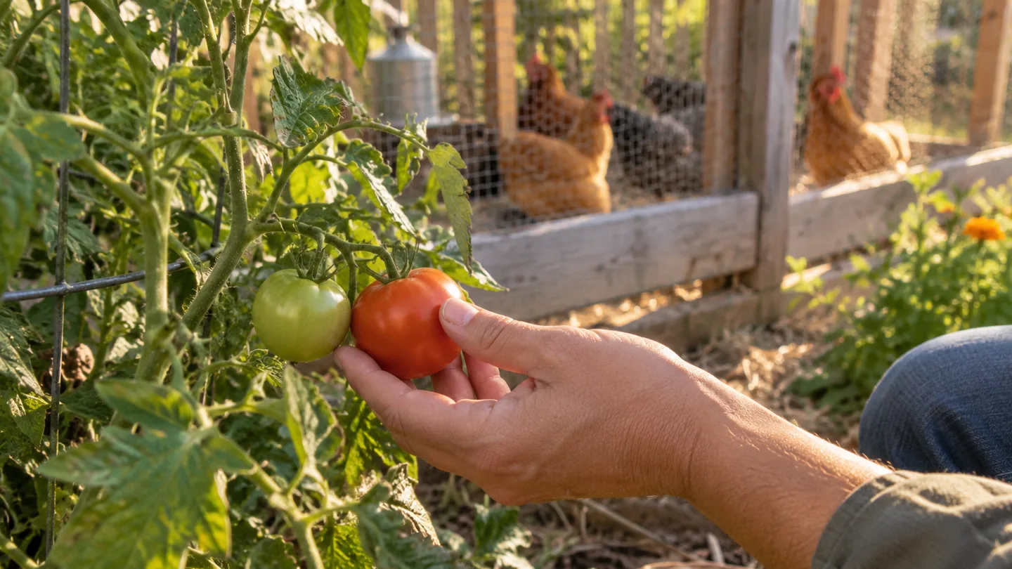 A keeper compares a ripe red tomato with a green one on the vine beside the chicken run.