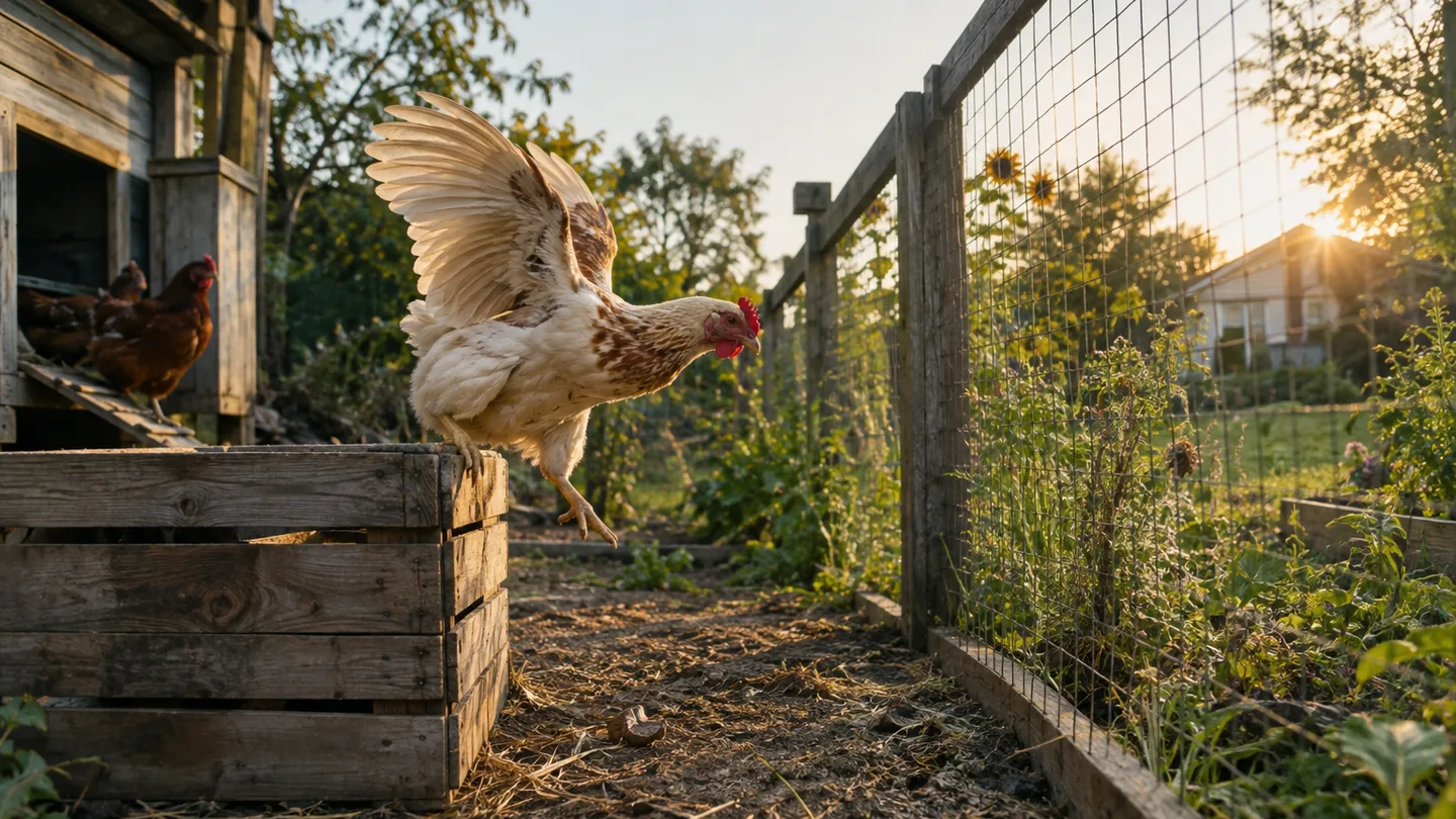 A hen launches from a wooden crate beside a low fence toward the garden, showing why four feet is not enough.
