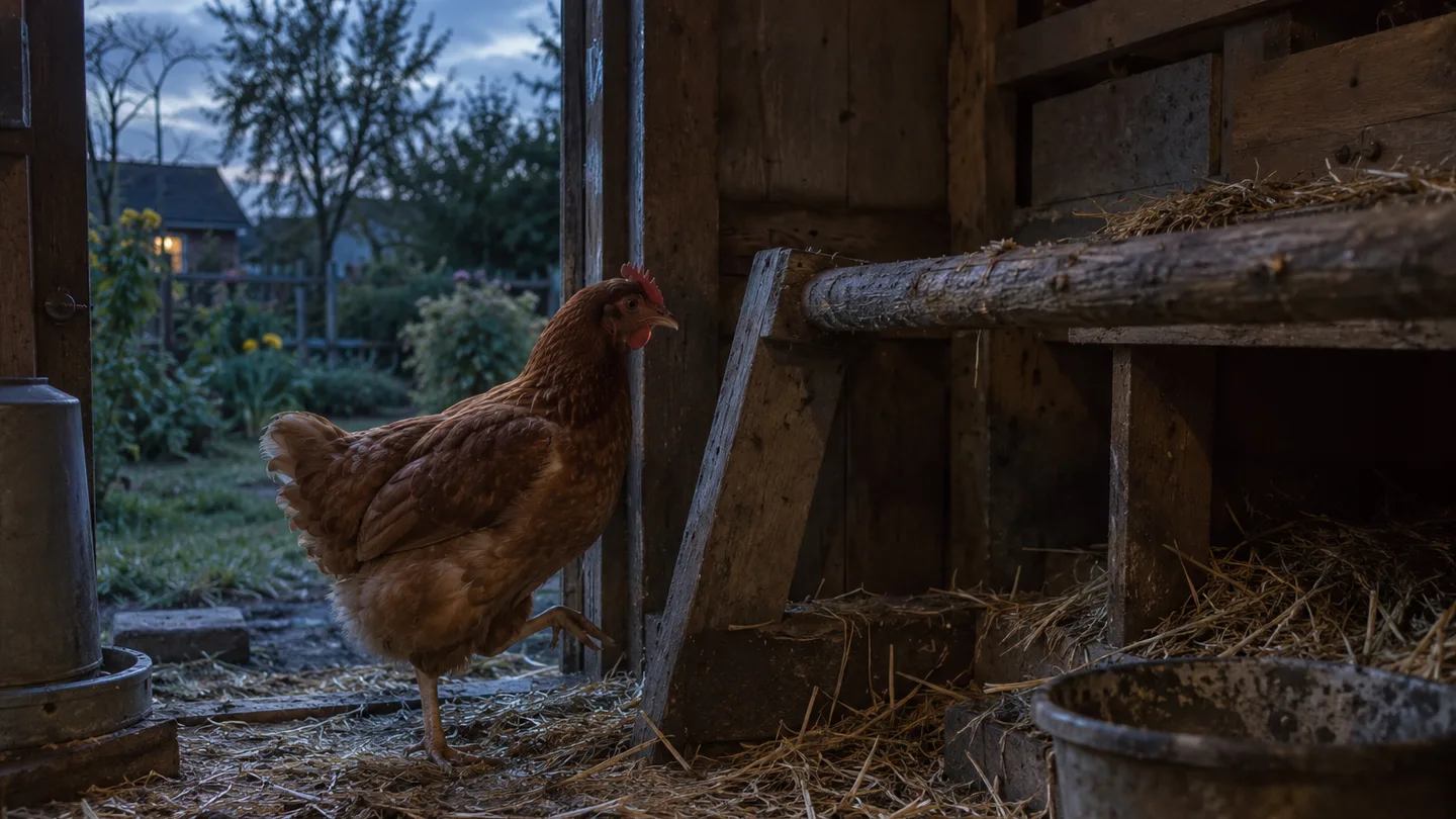 A hen steps toward her wooden roost while evening light still reaches into the coop.