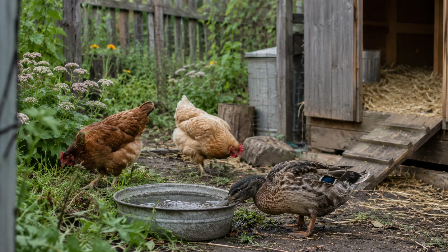 A duck drinks at a shallow basin as hens forage beside the dry, straw-bedded coop.