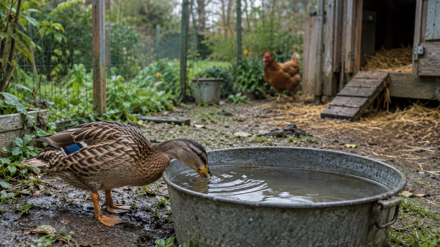 A duck drinks from a broad basin set away from the shelter, where the ground slopes away from the entrance.