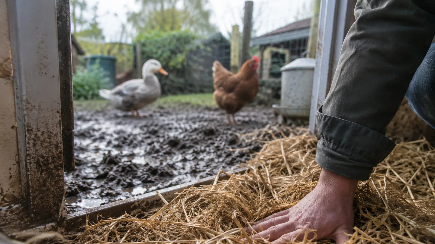 A hand presses dry straw just inside the coop beside the muddy run entrance.