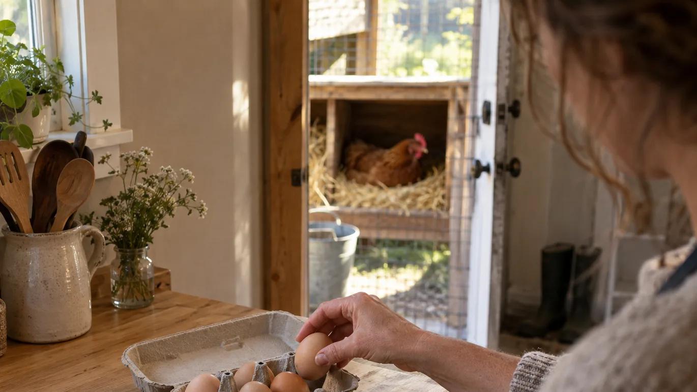 Eggs sit in a carton while a hen warms a separate nest, showing the difference between storage and incubation.