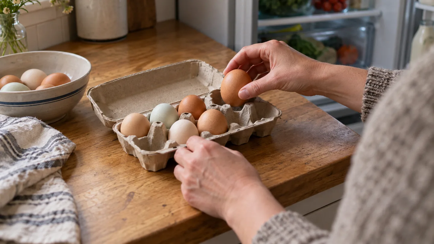 Clean eggs are sorted into a dedicated carton beside an open refrigerator, showing a simple storage routine.