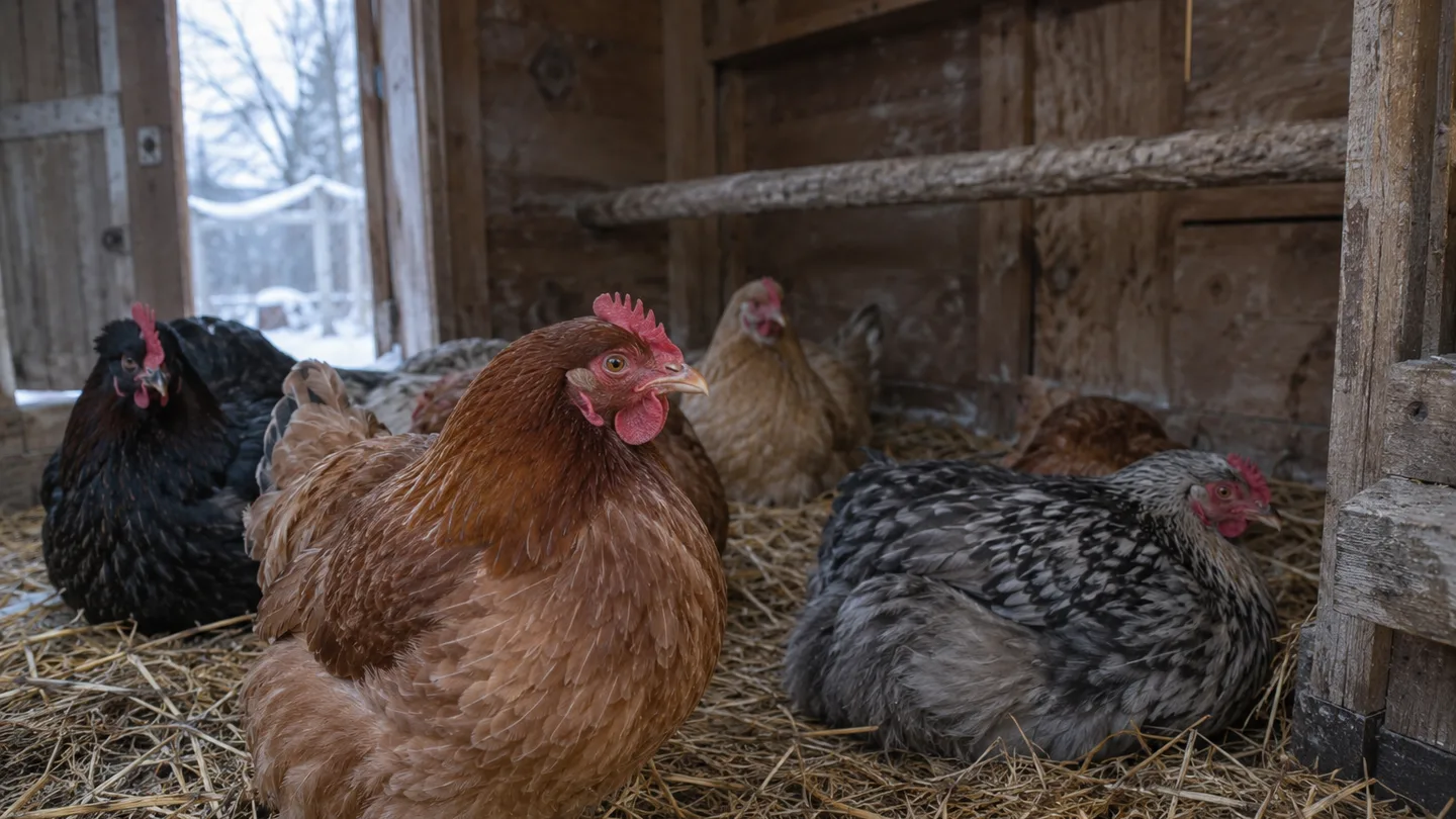 Healthy hens rest on dry straw inside a backyard coop as winter frost shows beyond the open doorway.
