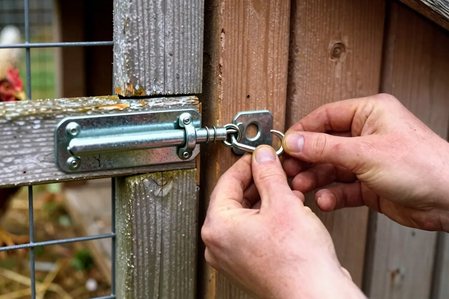 A hand secures a second latch on a coop door pressed tightly against its frame to deter predators.