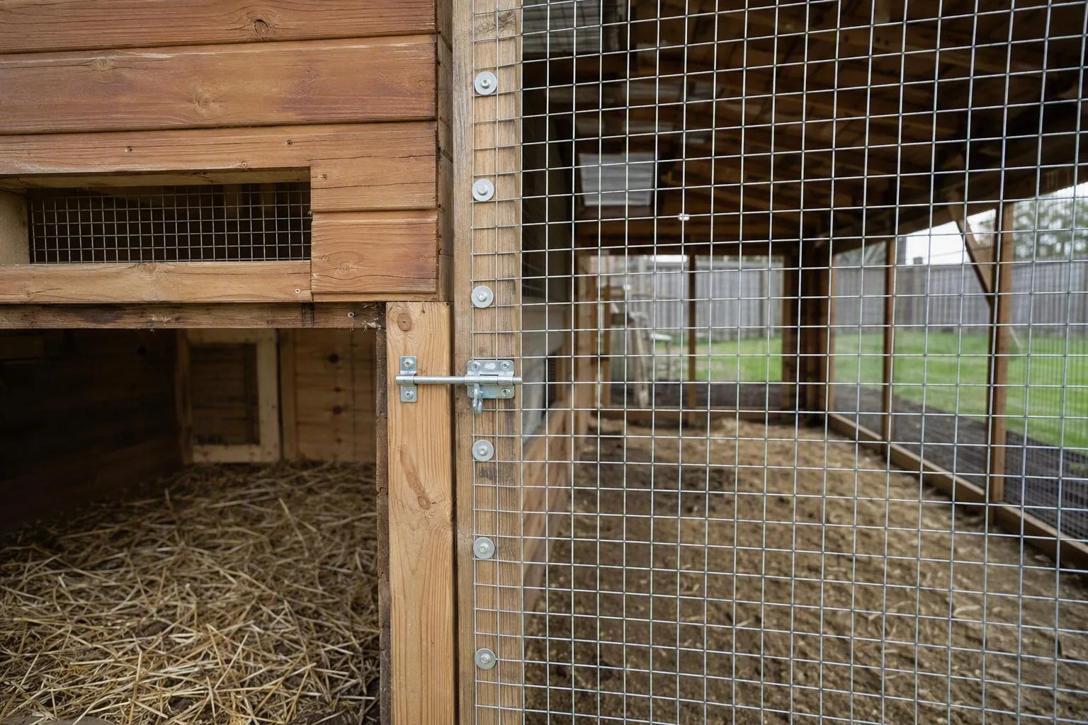 Welded mesh and secure fasteners join a coop to its covered run as one continuous protective barrier.