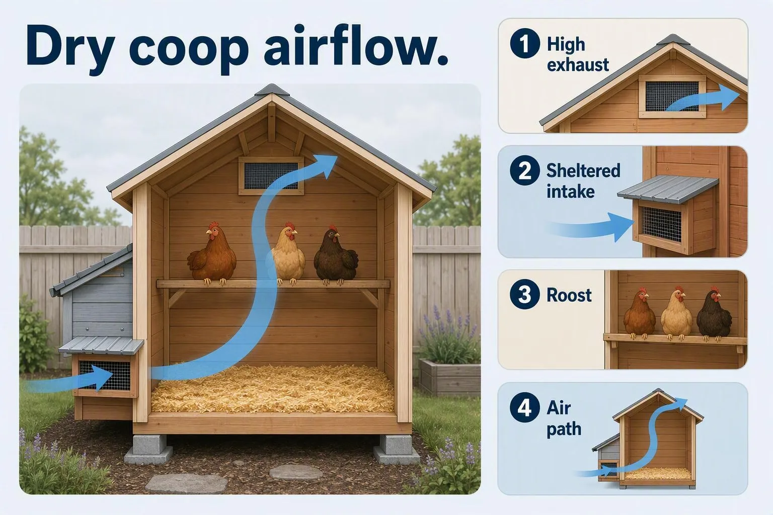 A coop cutaway shows air entering low, rising past the roost, and leaving through a high vent.