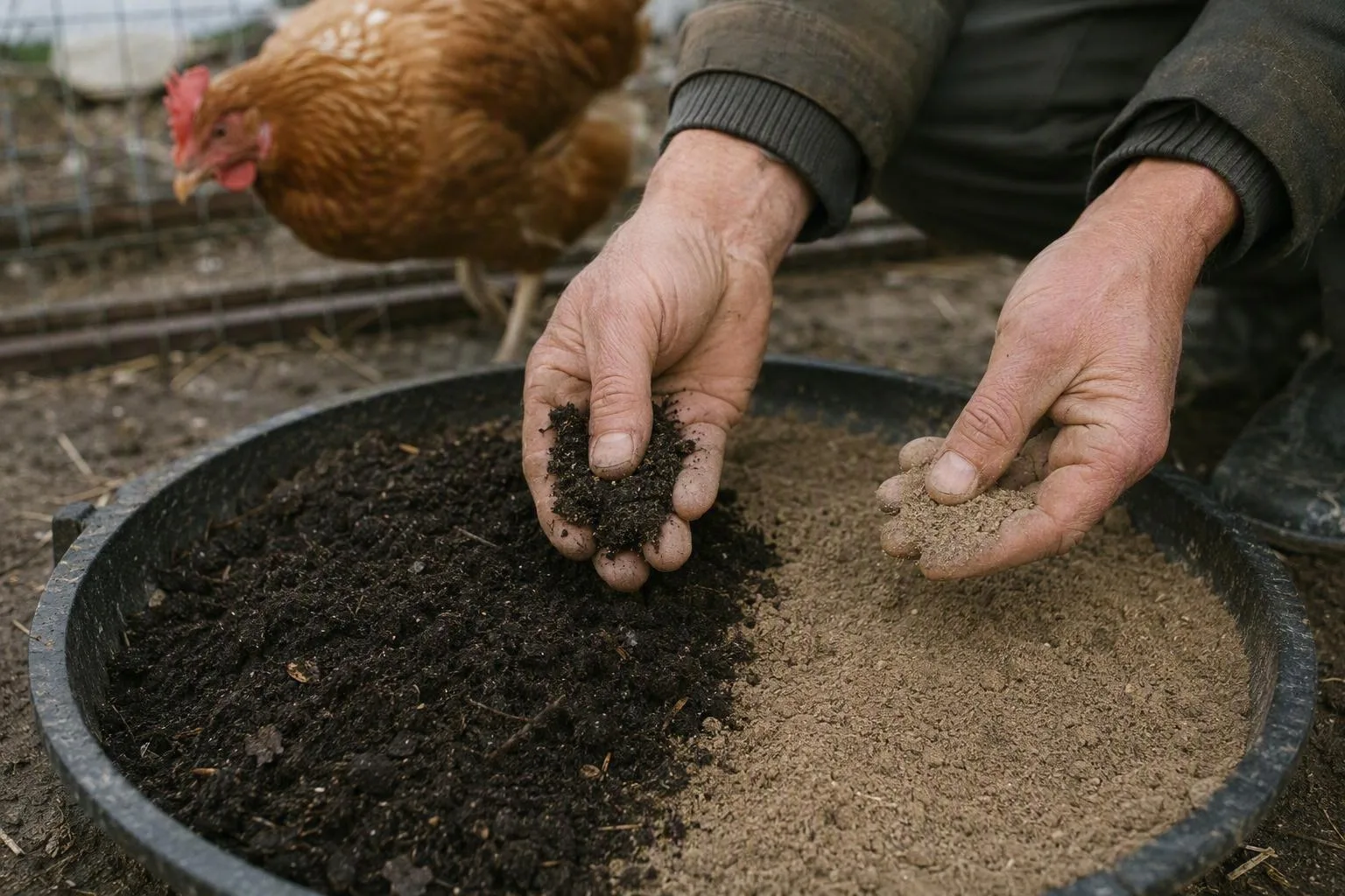 A shallow tray shows the contrast between dark clumpy topsoil and pale, fine sand.