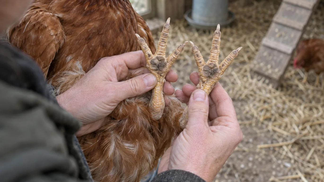 Both chicken footpads are held side by side so swelling, scabs, or other problems can be compared.