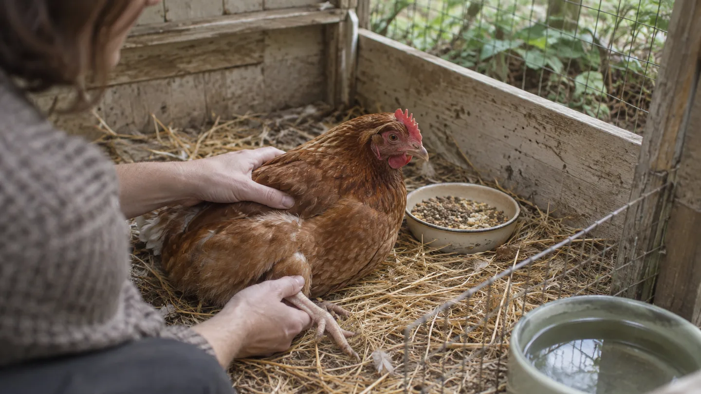 A hen rests in a low straw-lined pen with food and water placed within easy reach.