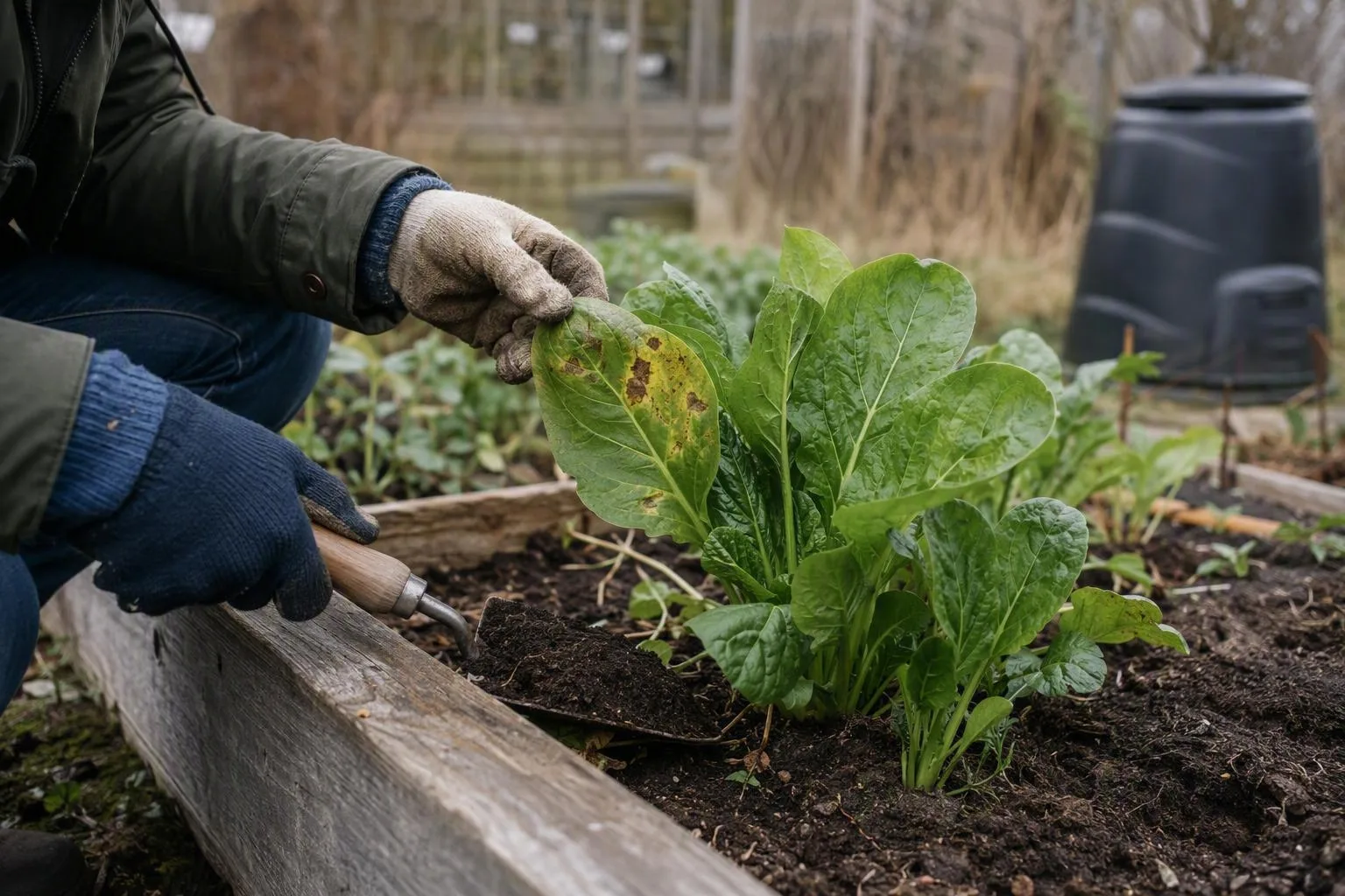 A gloved gardener examines one damaged leaf while checking the soil beside a raised bed.