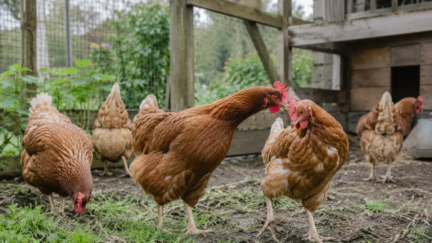 One hen steps away after another briefly pecks toward her comb in the chicken run.