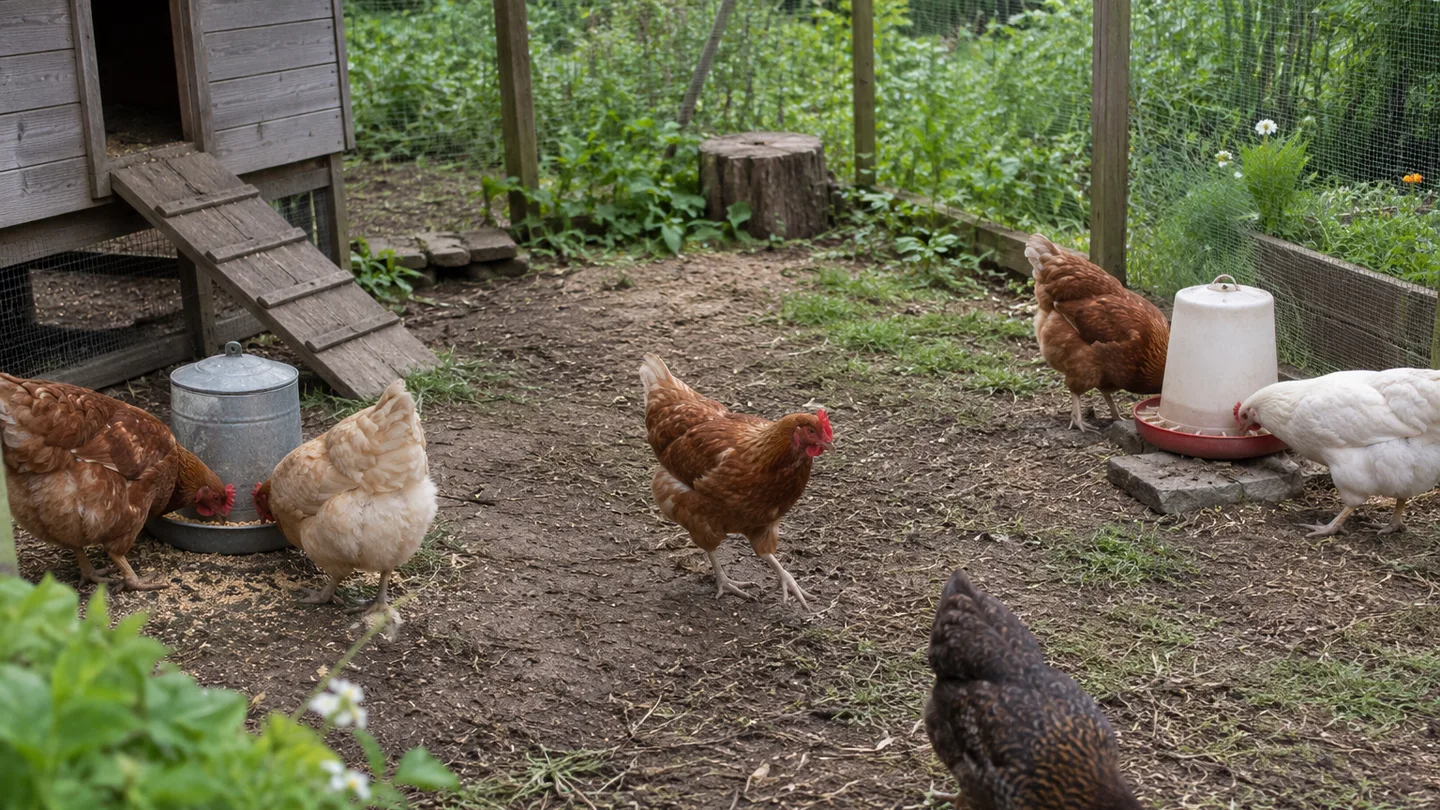 Two feeders sit apart in a backyard run as hens peck and move along the open paths between them.